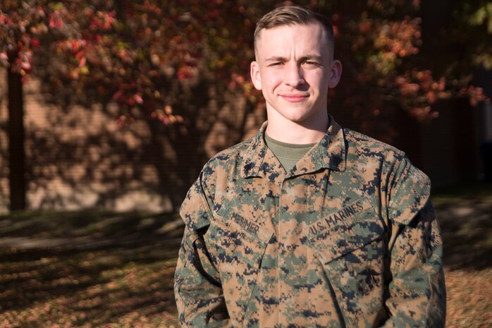 U.S. Marine Corps Cpl. Holden L. Mesimer poses for a photo at Camp Elmore, Norfolk, Va., Nov. 16, 2021. Mesimer is a Marine Air-Ground Task Force Planning specialist for Plans, Policies and Operations South.