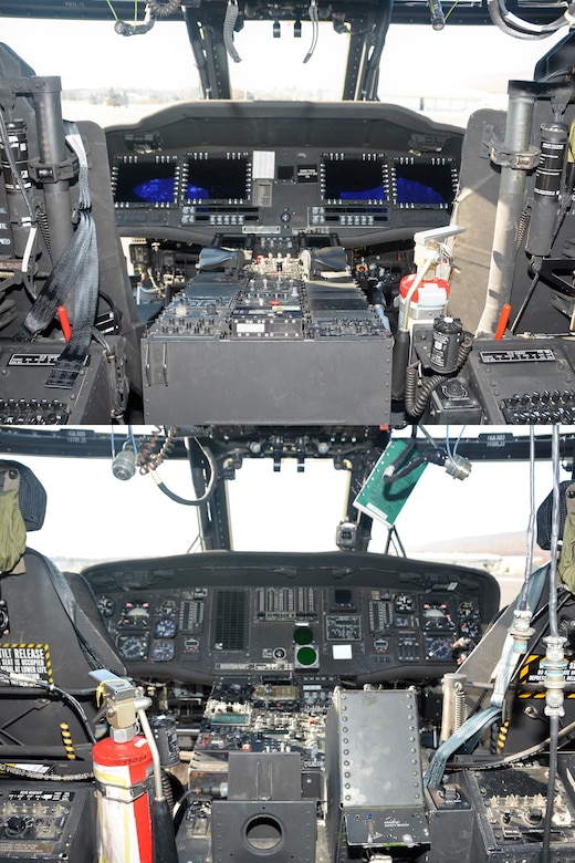 This photo illustration shows the difference between a UH-60V Black Hawk helicopter control panel (top) and UH-60L control panel (bottom). The "Victor" has several technological advancements that make it easier to operate than older variants, including a digital glass cockpit.