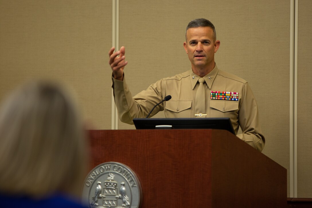 U.S. Marine Corps Brig. Gen. Andrew M. Niebel, commanding general of Marine Corps Installations East-Marine Corps Base Camp Lejeune, speaks during the MCIEAST military business outreach event at the Onslow County Government Center, Jacksonville, North Carolina, Nov. 18, 2021. The event hosted Southeastern North Carolina military businesses to provide fundamental information regarding the regulations and processes involved in federal contracting. (U.S. Marine Corps photo by Lance Cpl. Antonino Mazzamuto)