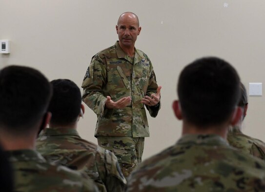 U.S. Space Force Chief Master Sgt. John Bentivegna, Space Operations Command senior enlisted leader, speaks to enlisted members at Buckley Space Force Base, Colo., Nov. 17, 2021. Bentivegna spoke about placing Guardians in positions where they excel and various other topics that affect members who are assigned to SpOC. (U.S. Space Force photo by Senior Airman Haley N. Blevins)