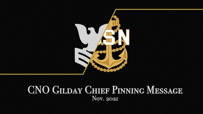 Chief of Naval Operations (CNO) Adm. Mike Gilday delivers a message for the Chief Petty Officer pinning, set to take place around the fleet at various dates in Nov. 2021.