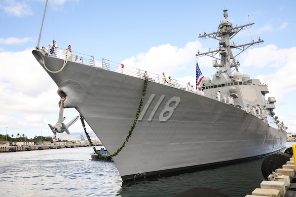 The future USS Daniel Inouye (DDG 118) arrives at Joint Base Pearl Harbor-Hickam.
