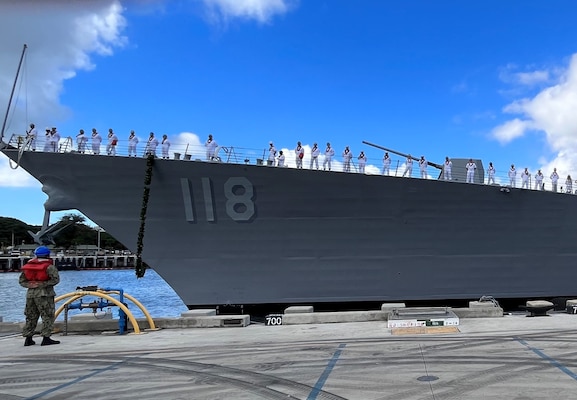 The future USS Daniel Inouye (DDG 118) arrives at Joint Base Pearl Harbor-Hickam.