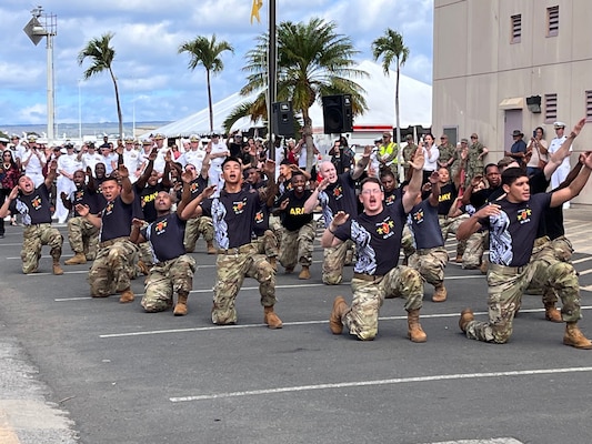 A Haka performance welcomes the U.S. Navy's newest guided-missile destroyer, the future USS Daniel Inouye (DDG 118) to Pearl Harbor.