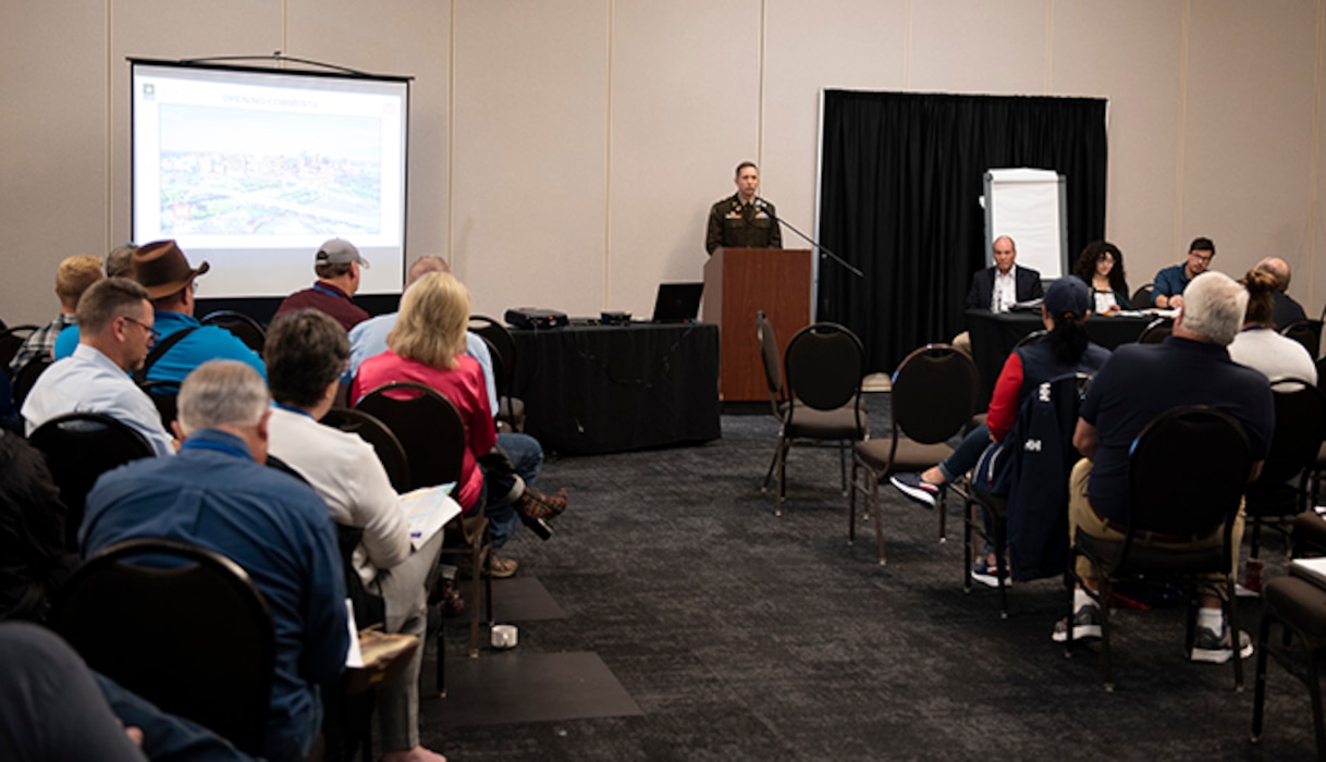 Lt. Col. Nathan Branen, U.S. Army Corps of Engineers Nashville District deputy commander, addresses marina concessionaires Nov. 17, 2021 during the Kentucky and Tennessee Marina Associations’ 2021 Annual Meeting at the Sloan Convention Center in Bowling Green, Kentucky. Branen noted that the event was a great opportunity to enhance the relationship between the Corps, stewards of public resources, and marinas, providers of services that the public enjoys when recreating at Corps lakes. (USACE Photo by Lee Roberts)
