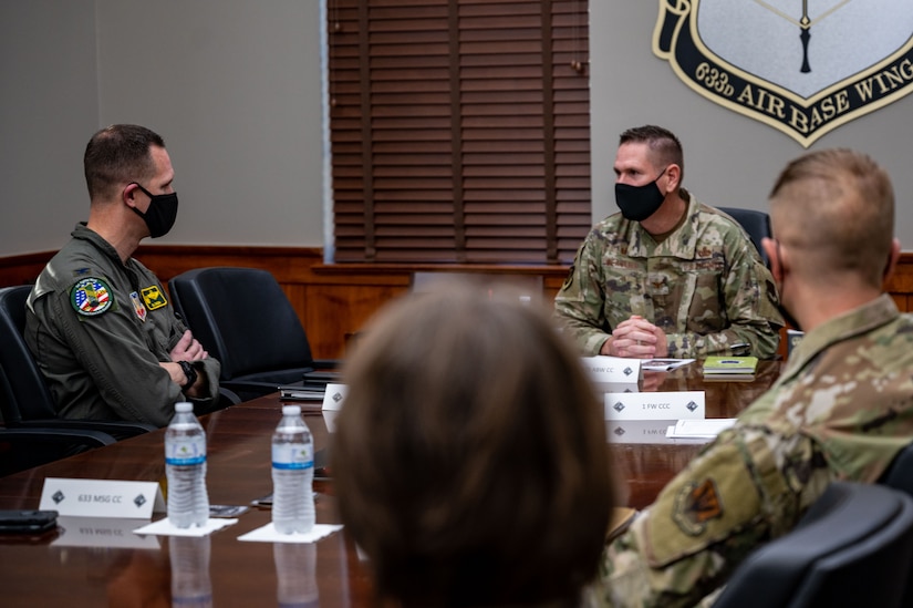 U.S. Air Force Col. Gregory Beaulieu, center, Joint Base Langley-Eustis commander, gives a mission briefing to Col. William Creeden, left, 1st Fighter Wing commander, at JBLE, Virginia, Nov. 18, 2021.