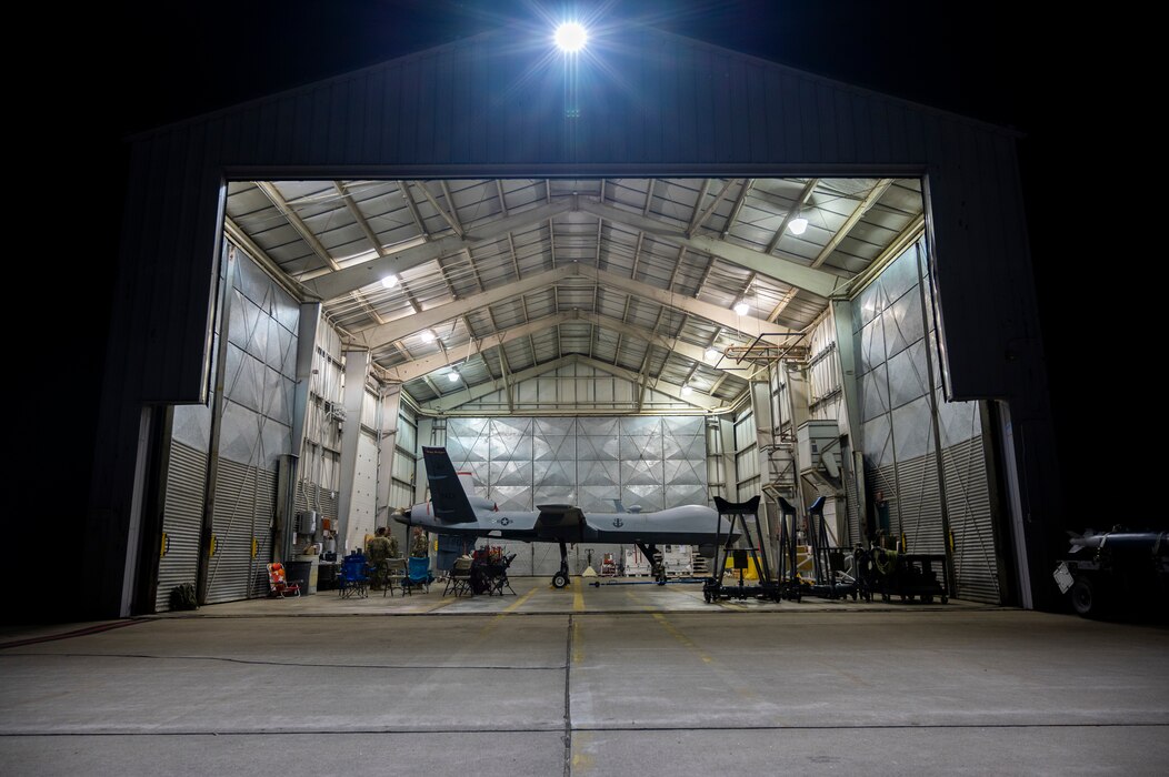 A MQ-9 Reaper sits parked in a maintenance hangar during Northern Strike 21 at Alpena Combat Readiness Training Center, Michigan, Aug. 5, 2021.