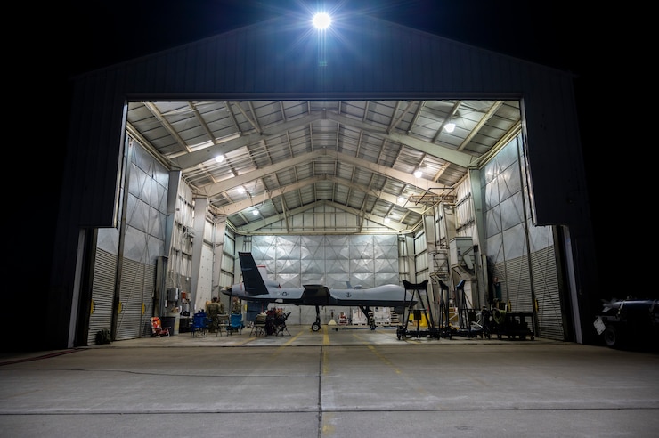 A MQ-9 Reaper sits parked in a maintenance hangar during Northern Strike 21 at Alpena Combat Readiness Training Center, Michigan, Aug. 5, 2021.