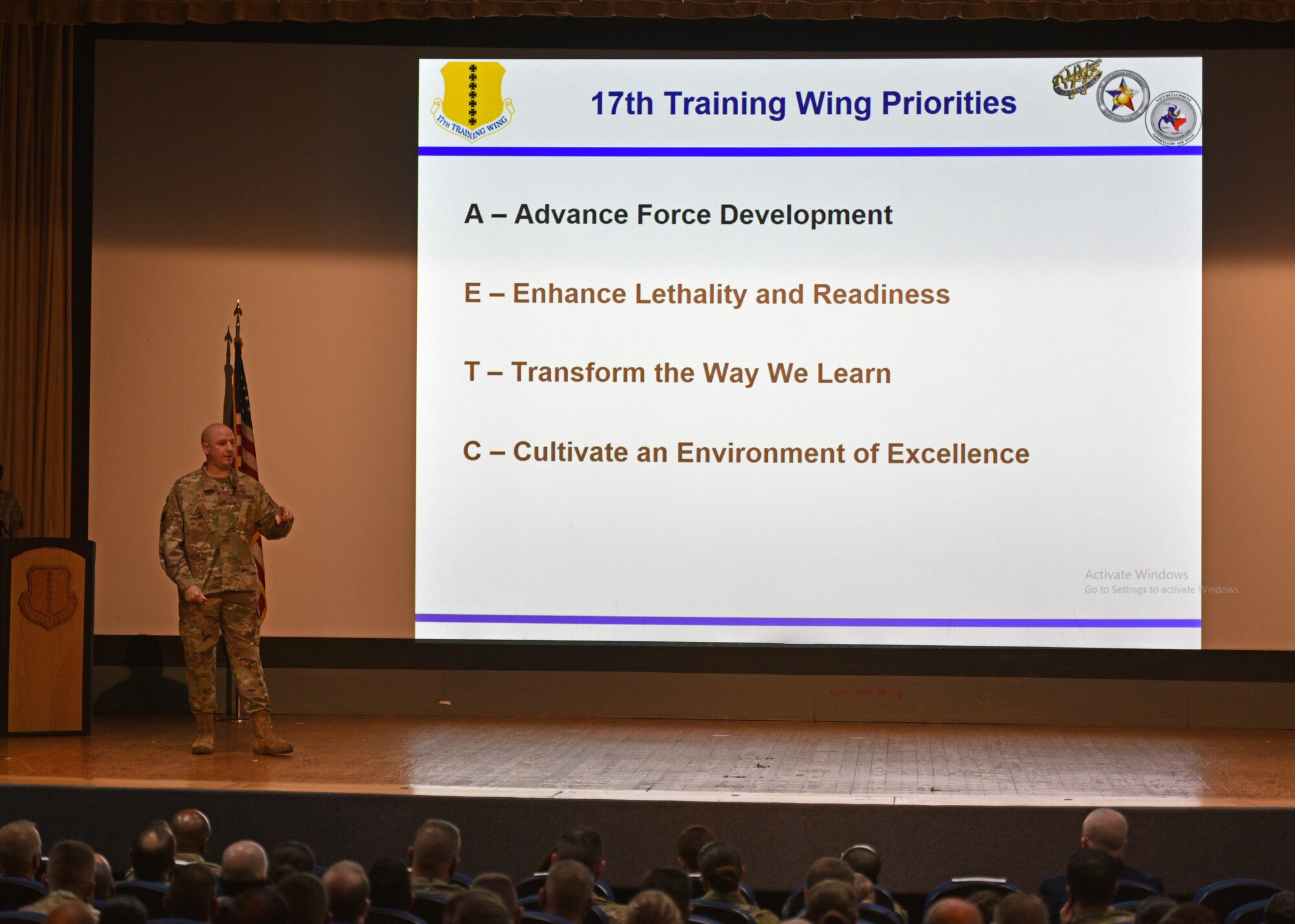 U.S. Air Force Col. Matthew Reilman, 17th Training Wing commander, explains the new priorities for the 17th TRW at the Commander’s Call on Goodfellow Air Force Base, Texas, Nov. 19, 2021. Reilman reinforced Air Education and Training Command's focus areas: advanced force development, enhancing lethality and readiness, transforming the way we learn, and cultivating an environment of excellence. (U.S. Air Force photo by Senior Airman Ashley Thrash)