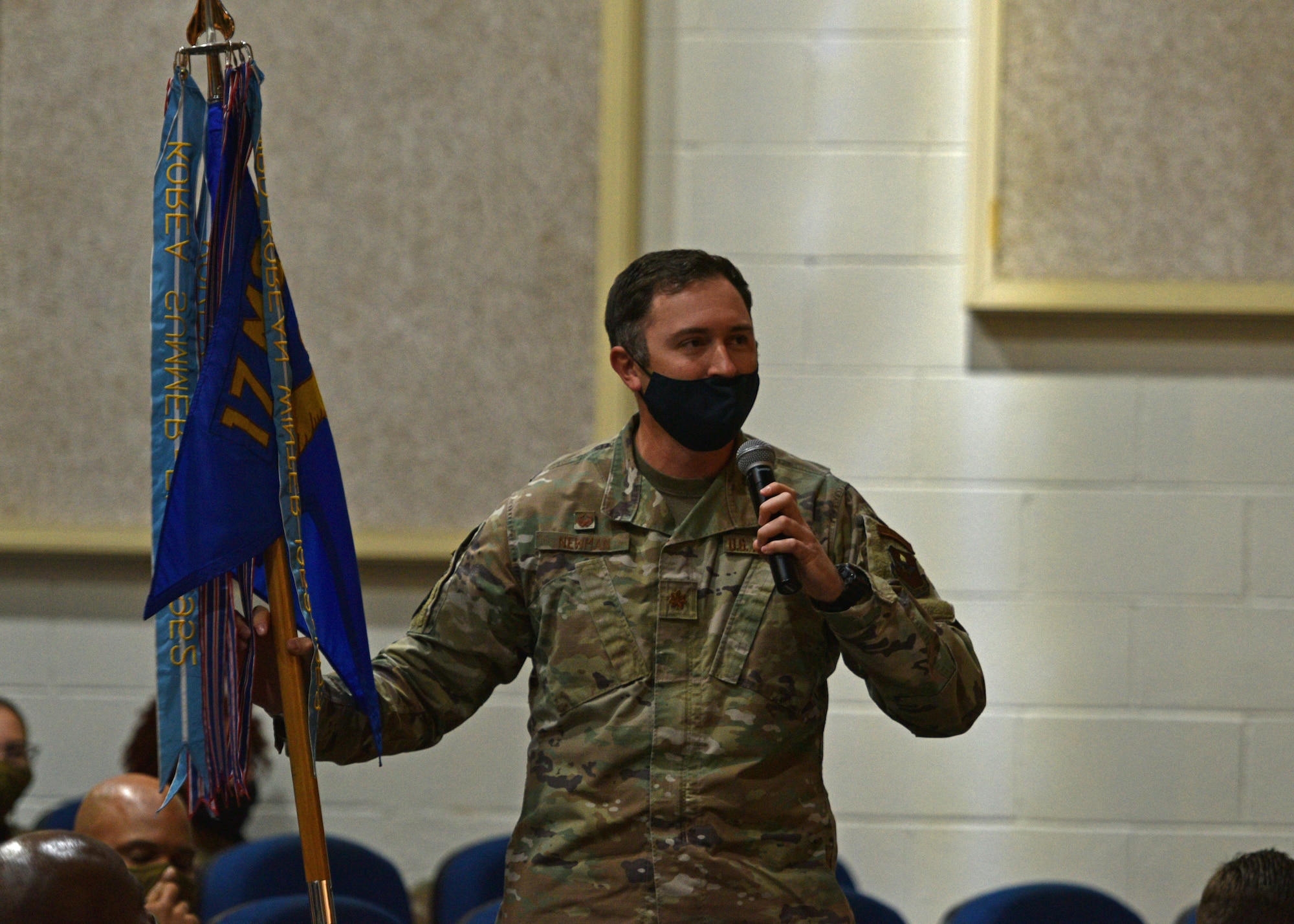 U.S. Air Force Maj. Joseph Newman, 17th Logistics Readiness Squadron commander, participates in the Q&A during the Commander’s Call on Goodfellow Air Force Base, Texas, Nov, 19, 2021. Col. Matthew Reilman, 17th Training Wing commander, opened the floor for questions and concerns from 17th TRW personnel. (U.S. Air Force photo by Senior Airman Ashley Thrash)