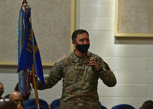 U.S. Air Force Maj. Joseph Newman, 17th Logistics Readiness Squadron commander, participates in the Q&A during the Commander’s Call on Goodfellow Air Force Base, Texas, Nov, 19, 2021. Col. Matthew Reilman, 17th Training Wing commander, opened the floor for questions and concerns from 17th TRW personnel. (U.S. Air Force photo by Senior Airman Ashley Thrash)