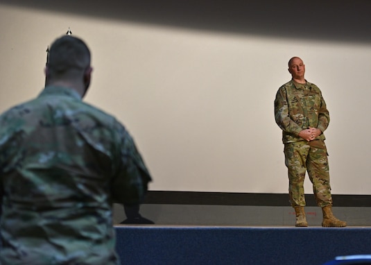 A 17th Training Wing member asks U.S. Air Force Col. Matthew Reilman, 17th TRW commander, a question during the Commander’s Call on Goodfellow Air Force Base, Texas, Nov. 19, 2021. Members inquired about housing, mask mandates, new food options on base and many other factors that affect permanent party members. (U.S. Air Force photo by Senior Airman Ashley Thrash)