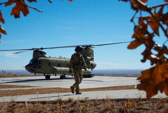 A CH-47 Chinook assigned to Fort Carson’s 4th Infantry Division did a site survey test landing at Cheyenne Mountain Space Force Station Nov. 5, 2021.