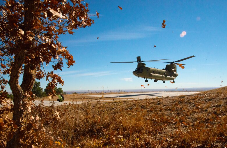 A CH-47 Chinook assigned to Fort Carson’s 4th Infantry Division did a site survey test landing at Cheyenne Mountain Space Force Station Nov. 5, 2021.