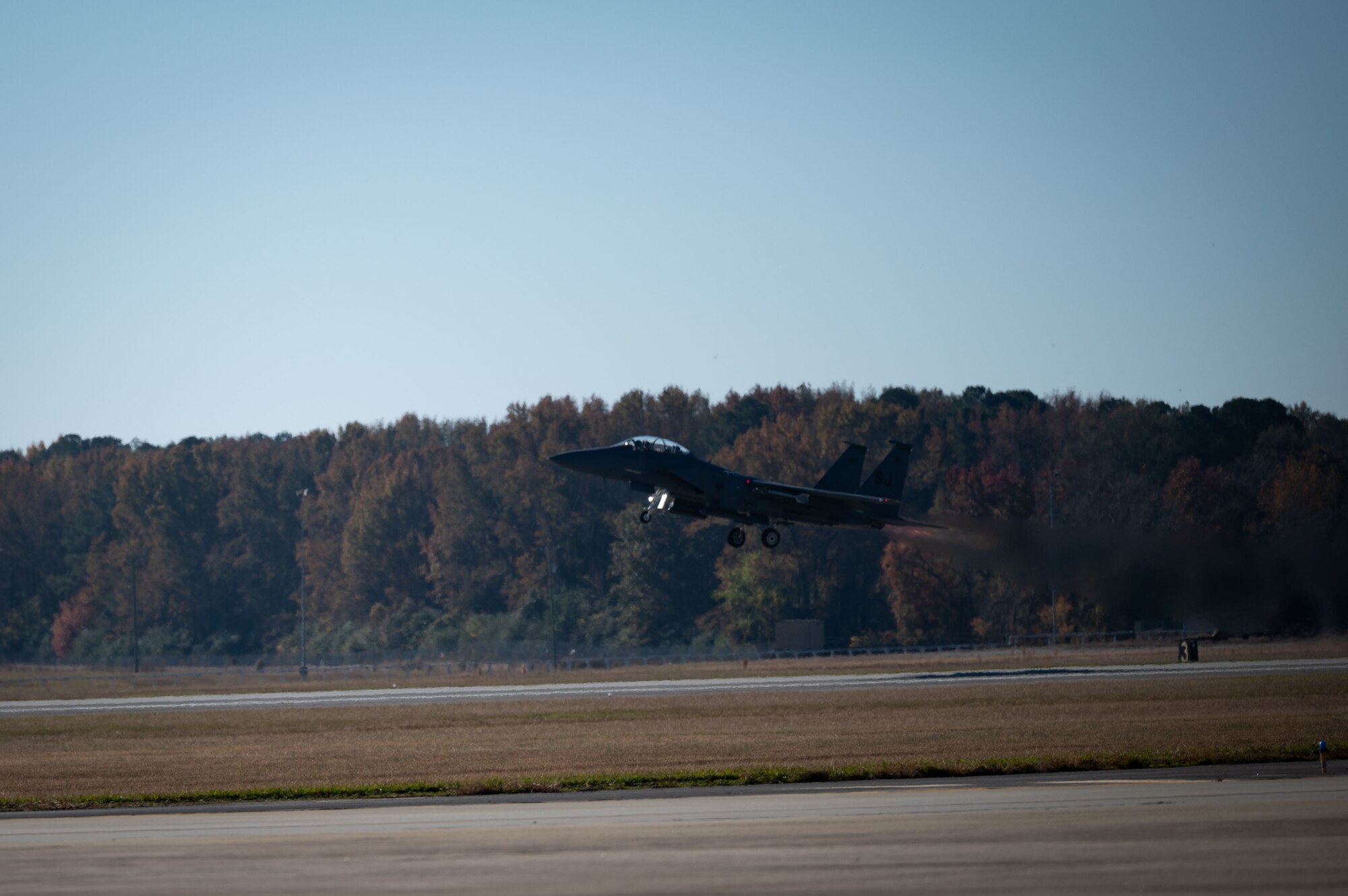 An F-15E Strike Eagle from the 335th Fighter Generation Squadron takes off as a part of Razor Talon at Seymour Johnson Air Force Base, North Carolina, Nov. 16, 2021. Razor Talon is a large force exercise that takes place on the East Coast of the United States. (U.S. Air Force photo by Senior Airman David Lynn)