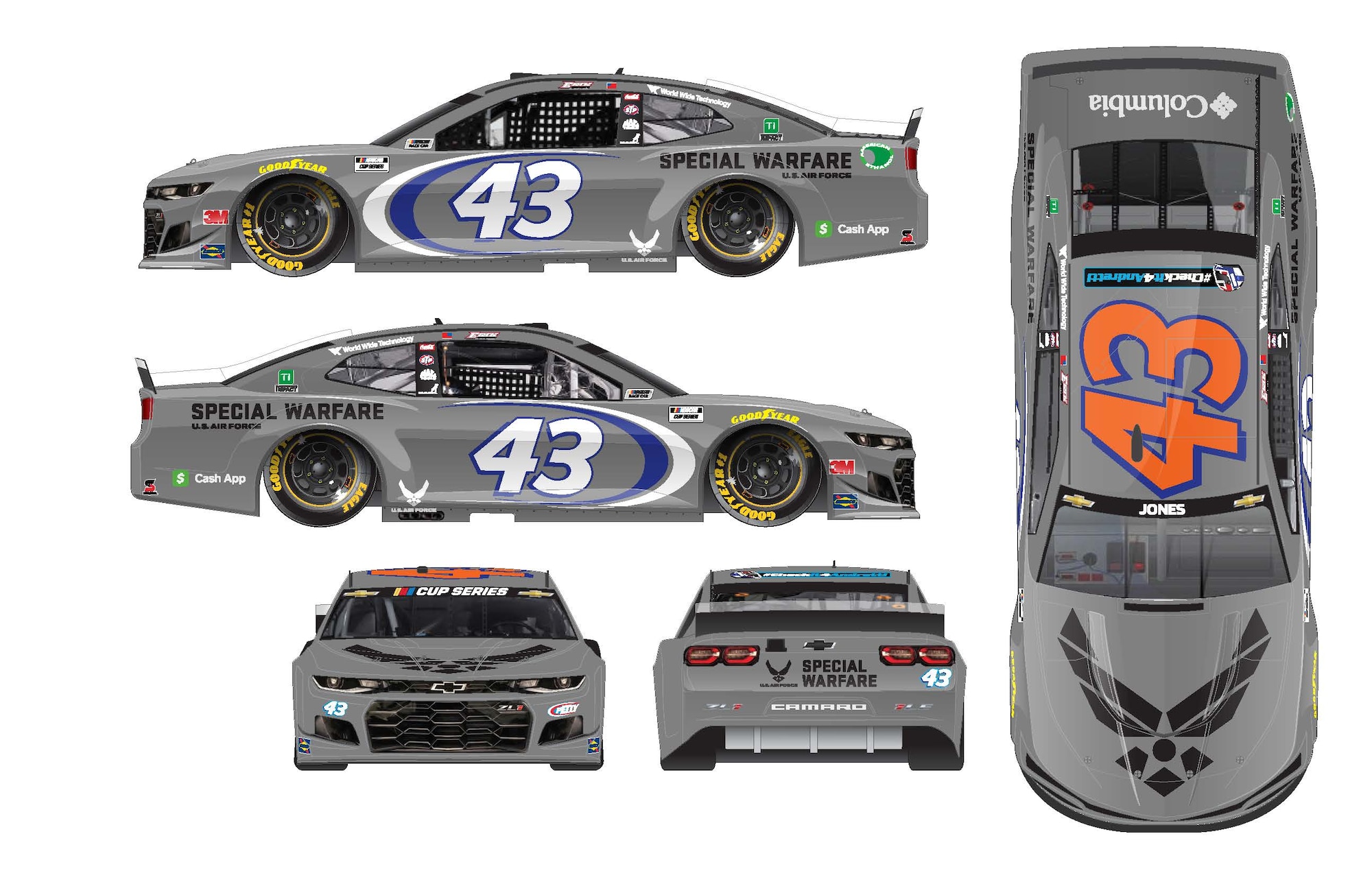 The design for the Air Force-sponsored No. 43 car featured at NASCAR’s Cup Series Race Oct. 3, 2021, at Talladega Superspeedway, Ala. was a specialty paint scheme dedicated to Air Force Special Warfare Airmen and their mission. Airmen can refer to this wrap as they model their designs for the contest.