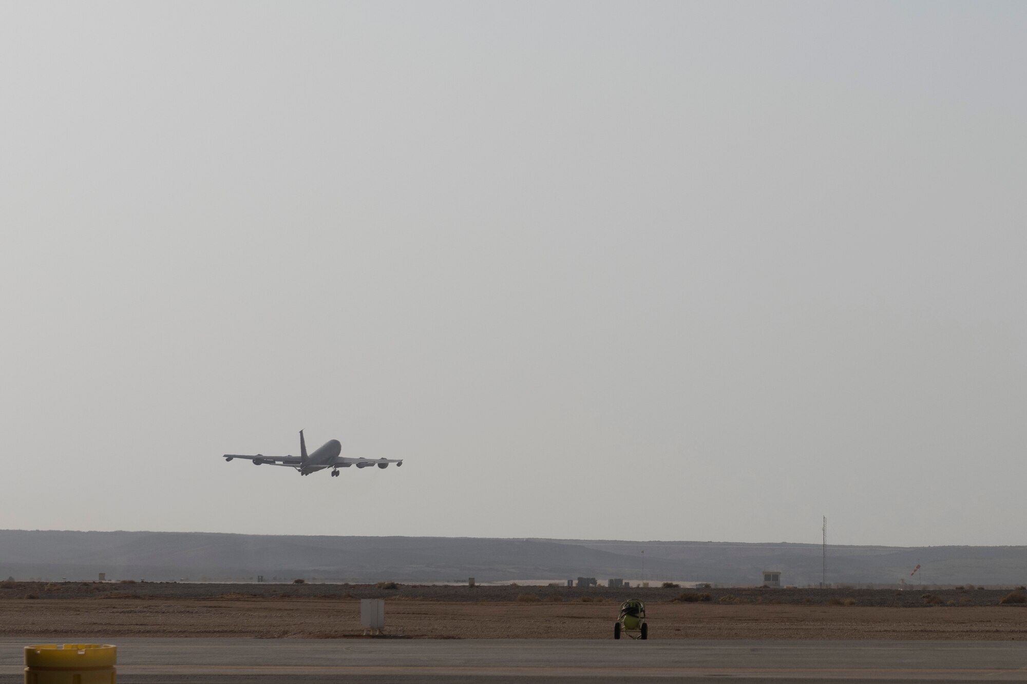 A KC-135 Stratotanker takes off after refueling