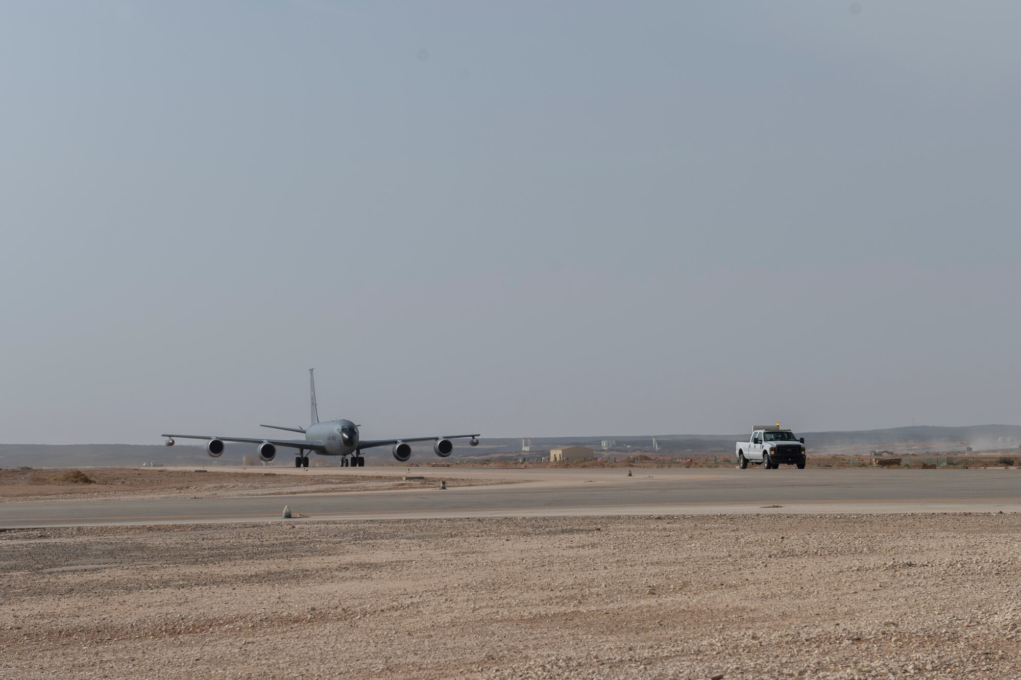 A KC-135 Stratotanker taxis on the flight line