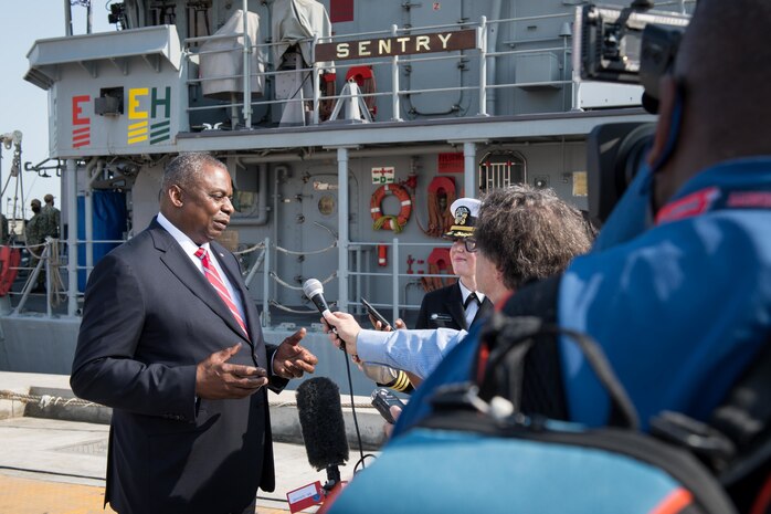 Secretary of Defense Lloyd J. Austin speaks to media following his visit aboard mine countermeasures ship USS Sentry (MCM 3), at Naval Support Activity, Bahrain, Nov. 21. Sentry is forward deployed to the U.S. 5th Fleet area of operations in support of naval operations to ensure maritime stability and security in the Central Region, connecting the Mediterranean and Pacific through the Western Indian Ocean and three strategic choke points.