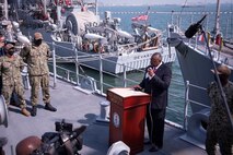 Secretary of Defense Lloyd J. Austin speaks to Sailors aboard mine countermeasures ship USS Sentry (MCM 3), at Naval Support Activity Bahrain, Nov. 21. Sentry is forward deployed to the U.S. 5th Fleet area of operations in support of naval operations to ensure maritime stability and security in the Central Region, connecting the Mediterranean and Pacific through the Western Indian Ocean and three strategic choke points.
