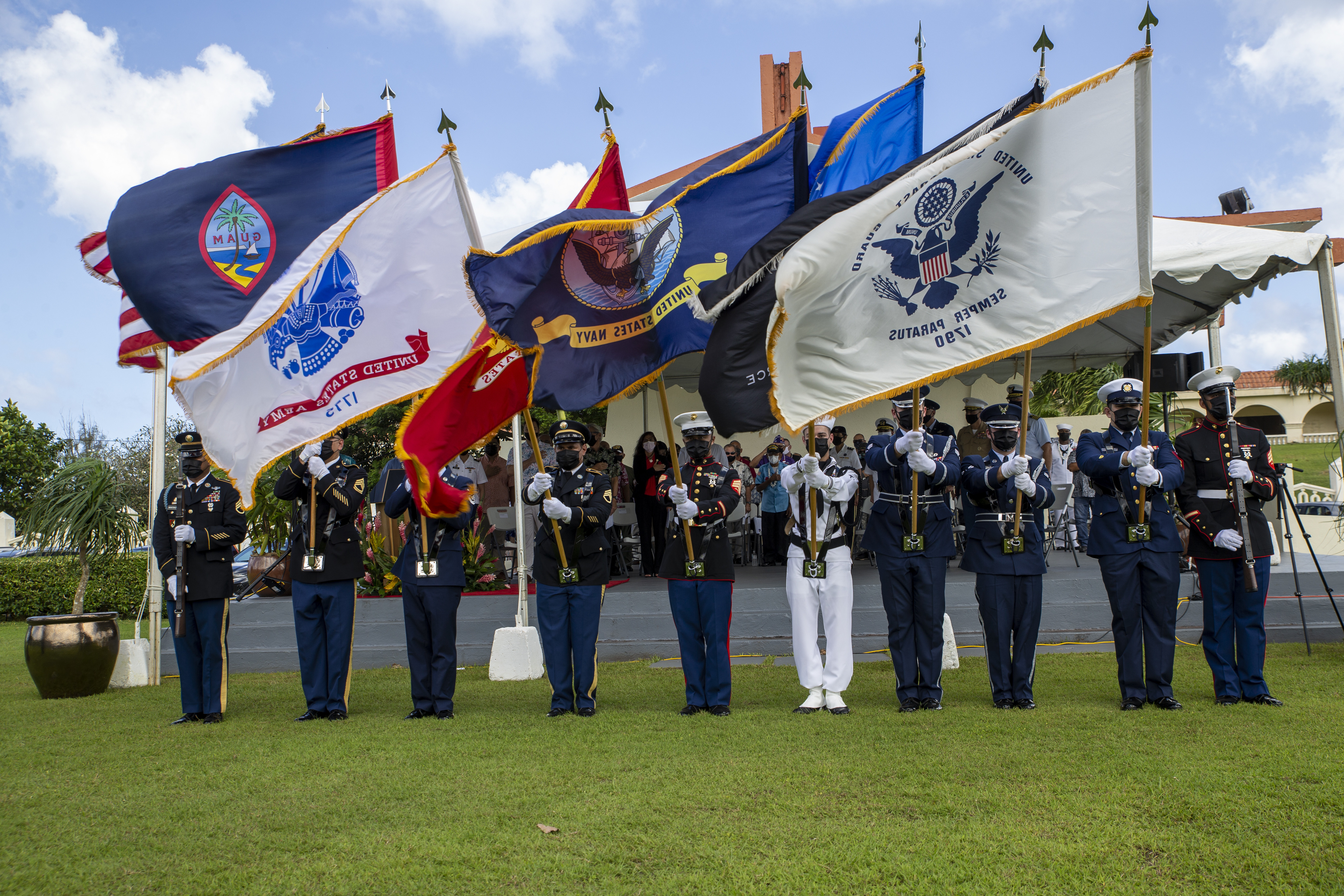 A Joint Service Color Guard presents colors at a Veterans Day ceremony held at the Governor Ricardo J. Bordallo Governor’s Complex in Hagåtña, Guam, Nov. 11, 2021.
