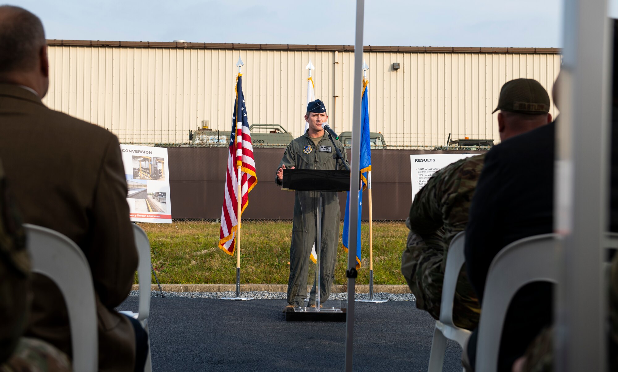 Col. John “Wolf” Gallemore, 8th Fighter Wing commander, gives remarks during the installation’s Natural Gas Pipeline Ribbon Cutting Ceremony at Kunsan Air Base, Republic of Korea, Nov. 15, 2021. The natural gas pipeline was installed to provide reliable, sustainable and energy-efficient heating to buildings on the installation. (U.S. Air Force photo by Staff Sgt. Suzie Plotnikov)