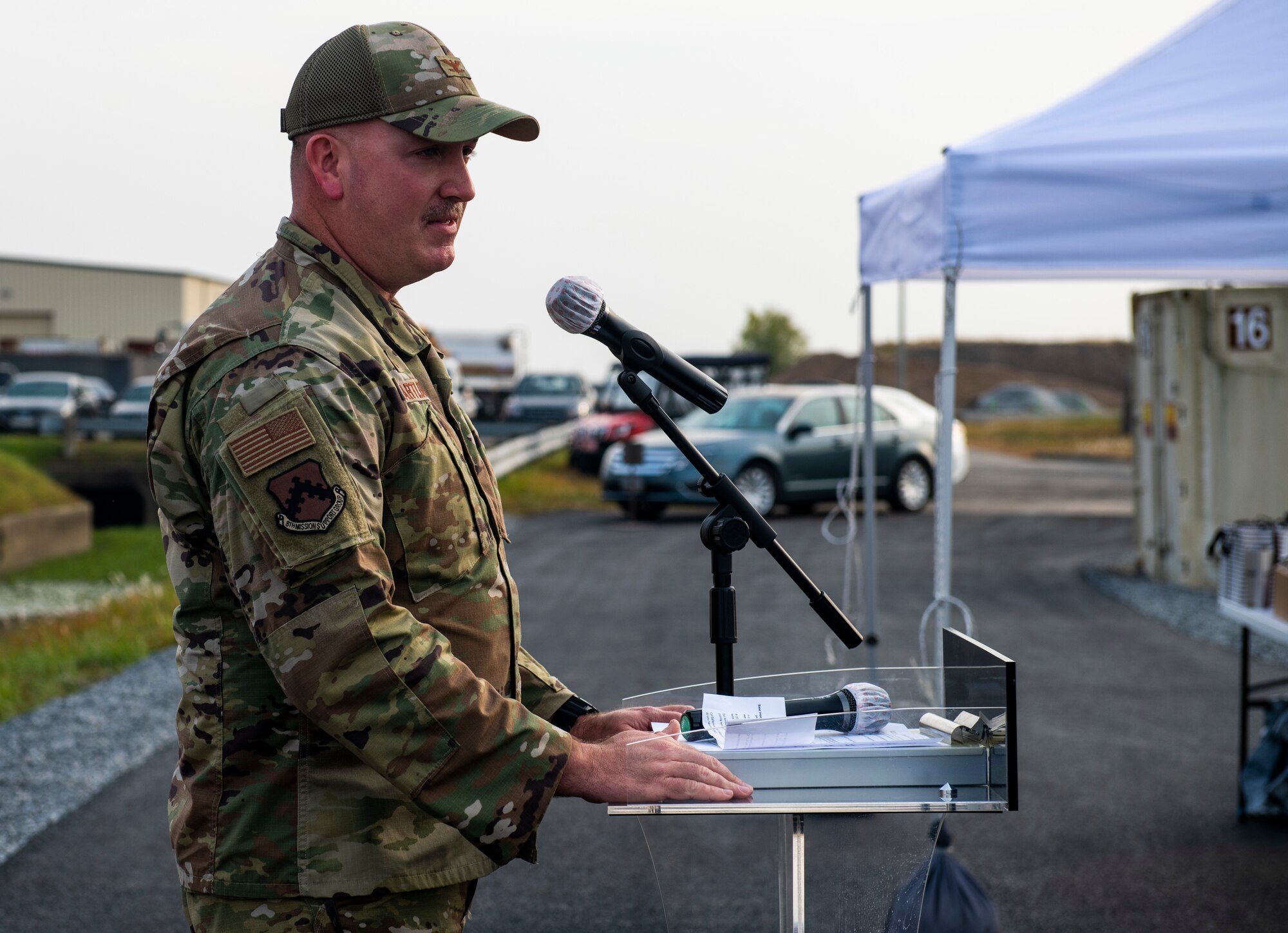Col. Robert Bartlow, 8th Mission Support Group commander, provides remarks during the installation’s Natural Gas Ribbon Cutting Ceremony at Kunsan Air Base, Republic of Korea, Nov. 15, 2021.The natural gas pipeline was installed to provide reliable, sustainable and energy-efficient heating to buildings on the installation. (U.S. Air Force photo by Staff Sgt. Suzie Plotnikov)
