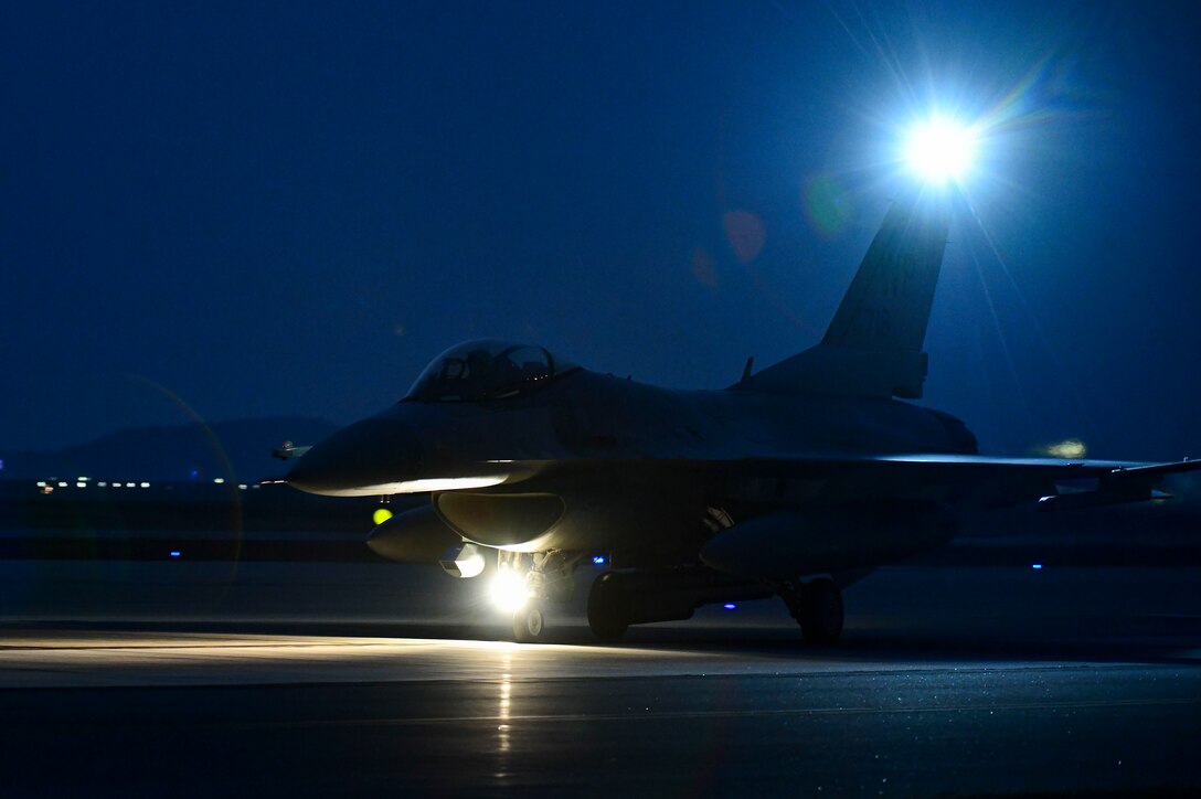An F-16 Fighting Falcons taxis and prepare for takeoff during routine training at Kunsan Air Base, Republic of Korea, Nov. 3, 2021. The F-16 is a compact, multi-role fighter aircraft, capable of highly maneuverable air-to-air combat and air-to-surface attack. (U.S. Air Force photo by Staff Sgt. Jesenia Landaverde)