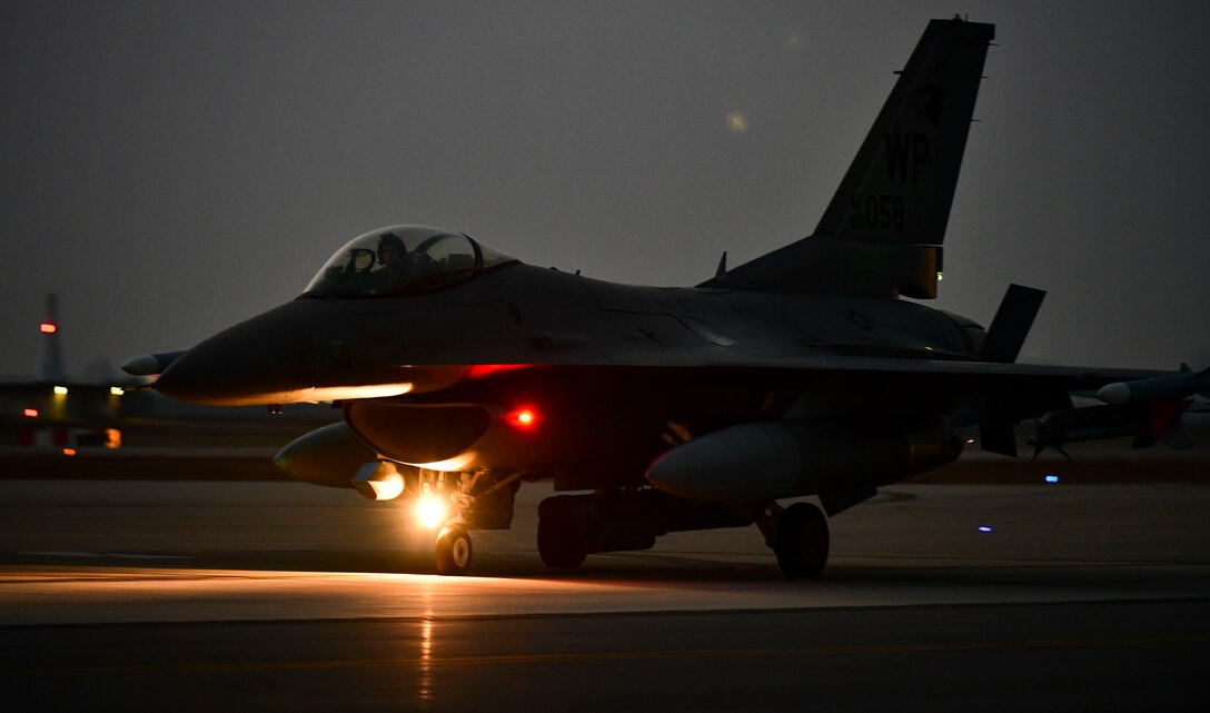An F-16 Fighting Falcons taxis and prepare for takeoff during routine training at Kunsan Air Base, Republic of Korea, Nov. 3, 2021. The F-16 is a compact, multi-role fighter aircraft, capable of highly maneuverable air-to-air combat and air-to-surface attack. (U.S. Air Force photo by Staff Sgt. Jesenia Landaverde)