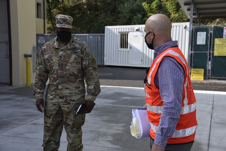 207th Military Intelligence Brigade (Theater) Commander Col. Mark Denton discusses the construction program at Longare with U.S. Army Corps of Engineers, Europe District Mediterranean Resident Engineer Tom Schmit during a visit to project sites at the installation October 4, 2021. The U.S. Army Corps of Engineers, Europe District is managing a $30 million construction and renovation program primarily funded by U.S. Army Intelligence and Security Command, U.S. Africa Command and U.S. Army Southern European Task Force, Africa to provide the 207th MIB(T) improved facilities at the Longare and Caserma Ederle portions of U.S. Army Garrison Italy. (U.S. Army photo by Chris Gardner)