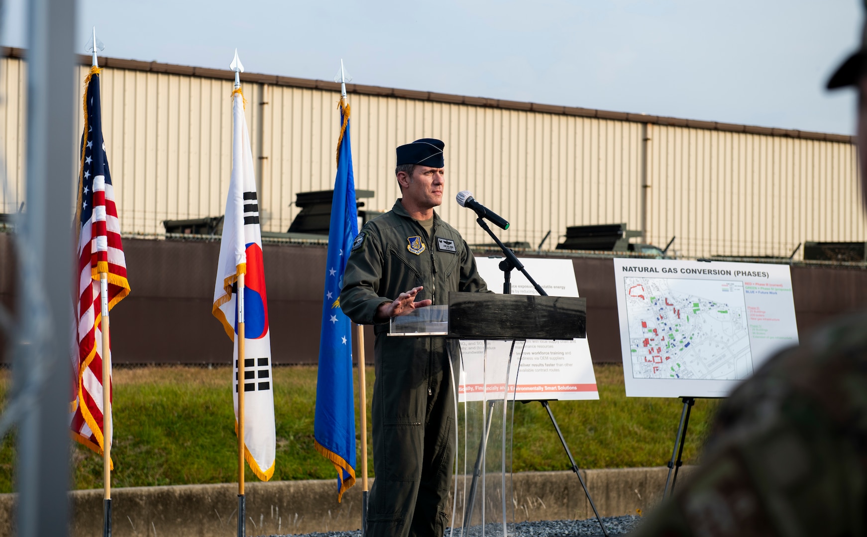 Col. John “Wolf” Gallemore, 8th Fighter Wing commander, provides remarks during the installation’s Natural Gas Ribbon Cutting Ceremony at Kunsan Air Base, Republic of Korea, Nov. 15, 2021.The pipeline is now providing heating to two dormitories that house approximately 450 Airmen. (U.S. Air Force photo by Staff Sgt. Suzie Plotnikov)