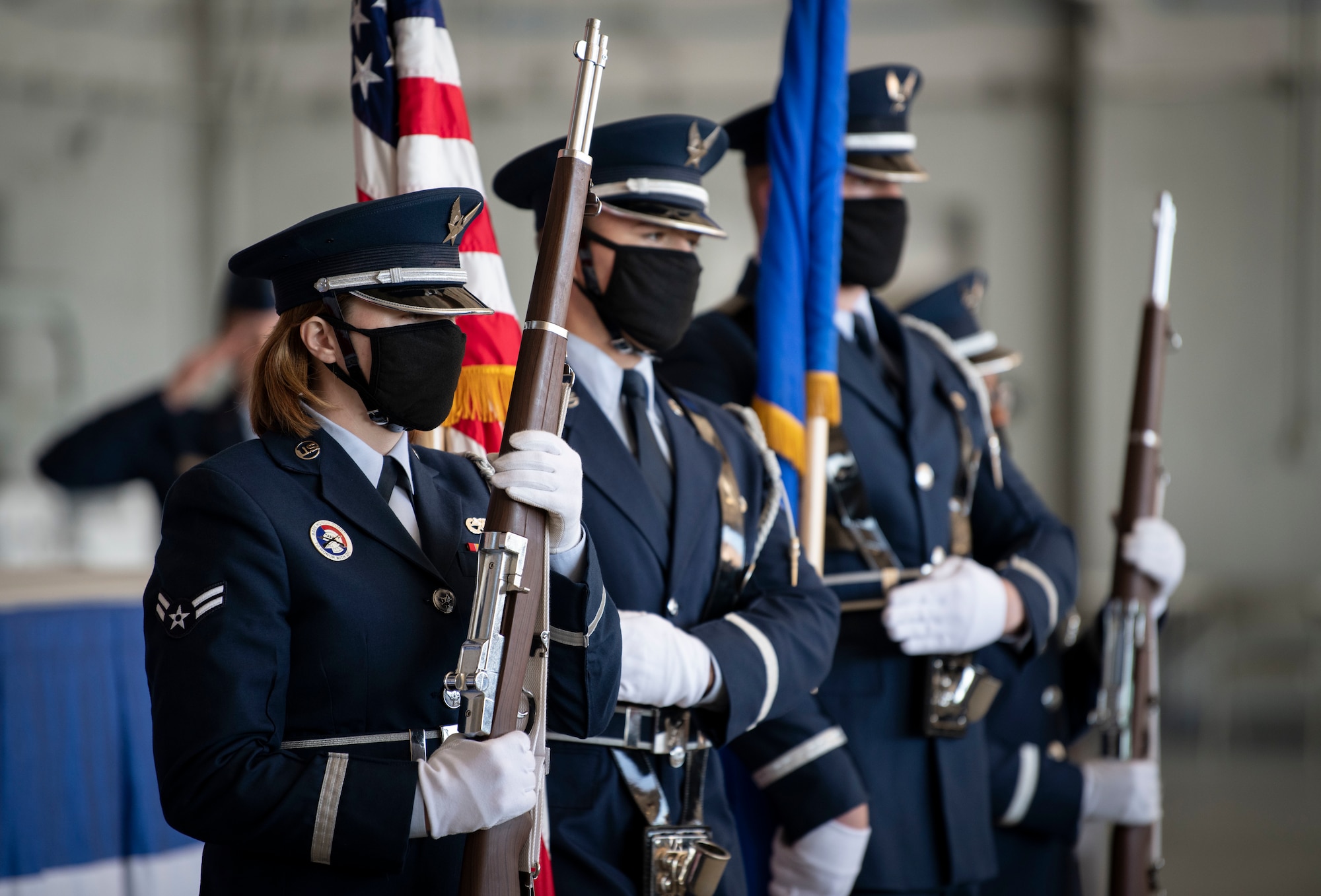 Hurlburt Field Honor Guard ceremonial guardsmen present the colors during a Distinguished Flying Cross presentation ceremony at Hurlburt Field, Florida, Nov. 8, 2021.