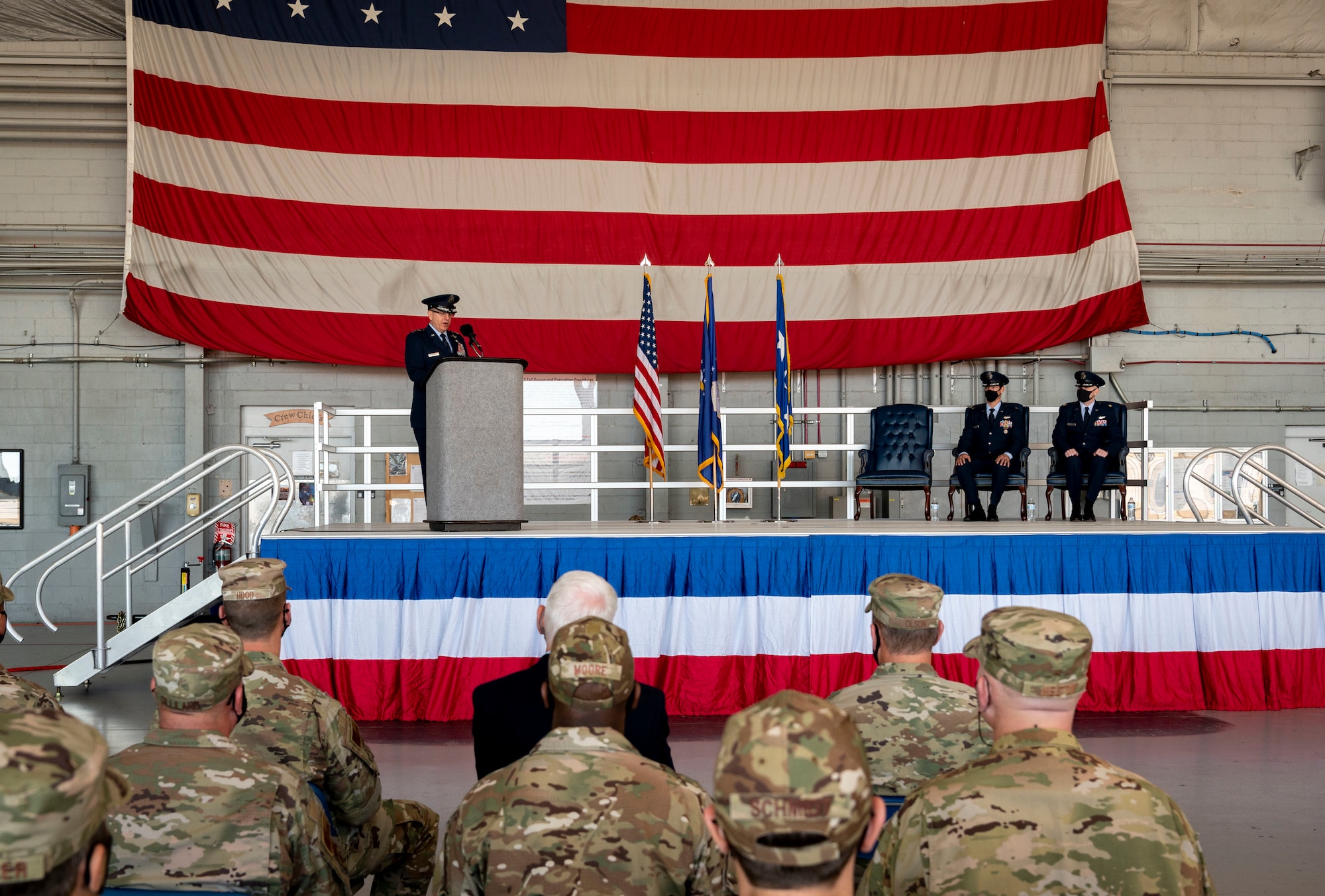 U.S. Air Force Lt. Gen. Jim Slife, Air Force Special Operations Command commander, delivers a speech during a Distinguished Flying Cross presentation ceremony at Hurlburt Field, Florida, Nov. 8, 2021.