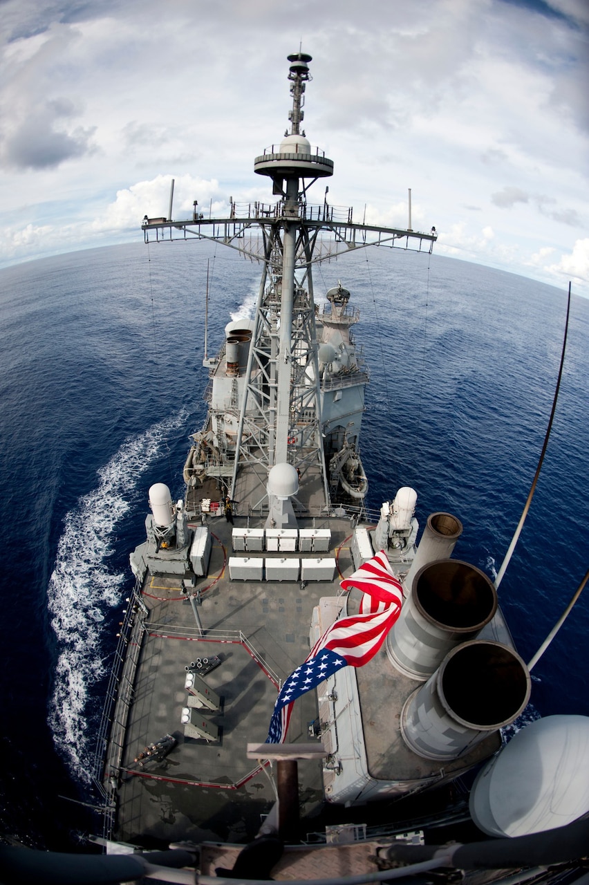 Ticonderoga-class guided-missile cruiser USS Cowpens sails at sea.