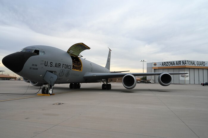 A KC-135 Stratotanker prepares for takeoff at Goldwater Air National Guard base, Arizona, Nov. 16, 2021. The Arizona Air National Guard supported the 56th Air Refueling Squadron by providing a parking space for the aircraft when hosting the aircrew. (U.S. Air Force photo by Airman 1st Class Kayla Christenson)