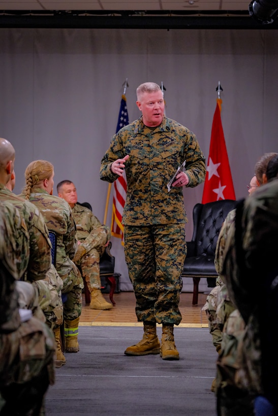 General talks to service members at Thule Air Base, Greenland.