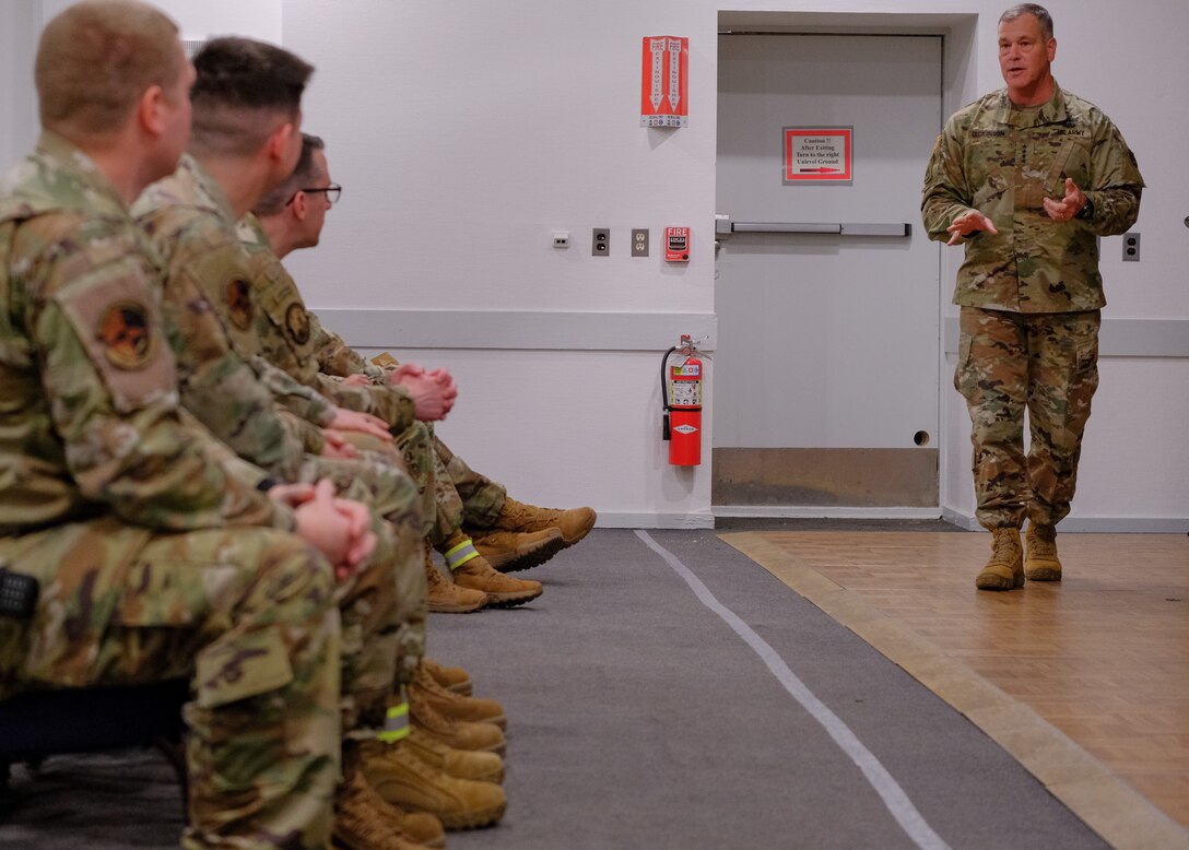 General talks to service members at Thule Air Base, Greenland.