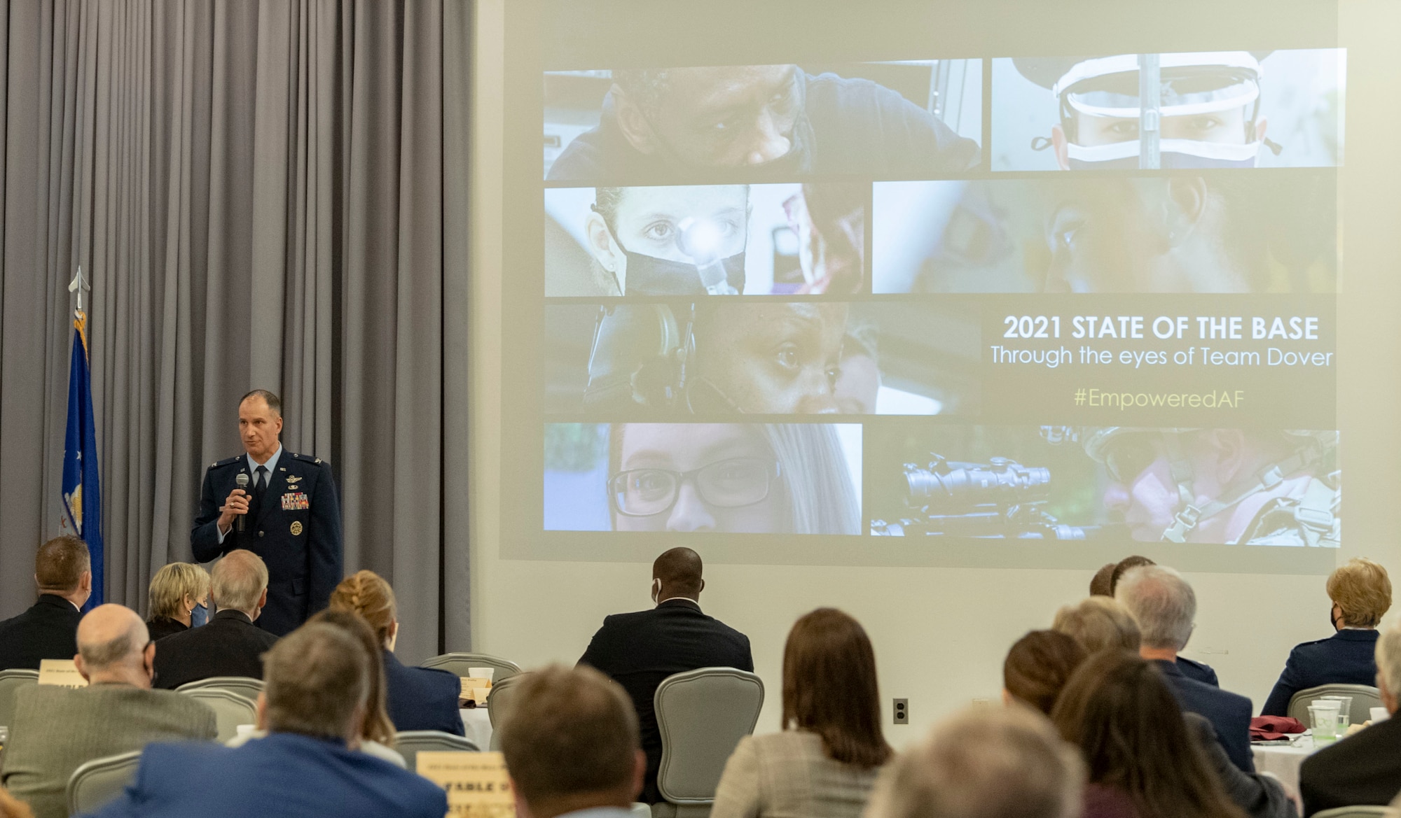 Col. Matt Husemann, 436th Airlift Wing commander, addresses attendees at the 2021 State of the Base briefing on Dover Air Force Base, Delaware, Nov. 22, 2021. The event was hosted by the Central Delaware Chamber of Commerce and provided an opportunity to educate and inform community members and leaders on how the Dover community ties into the base’s mission, vision and priorities. (U.S. Air Force photo by Roland Balik)