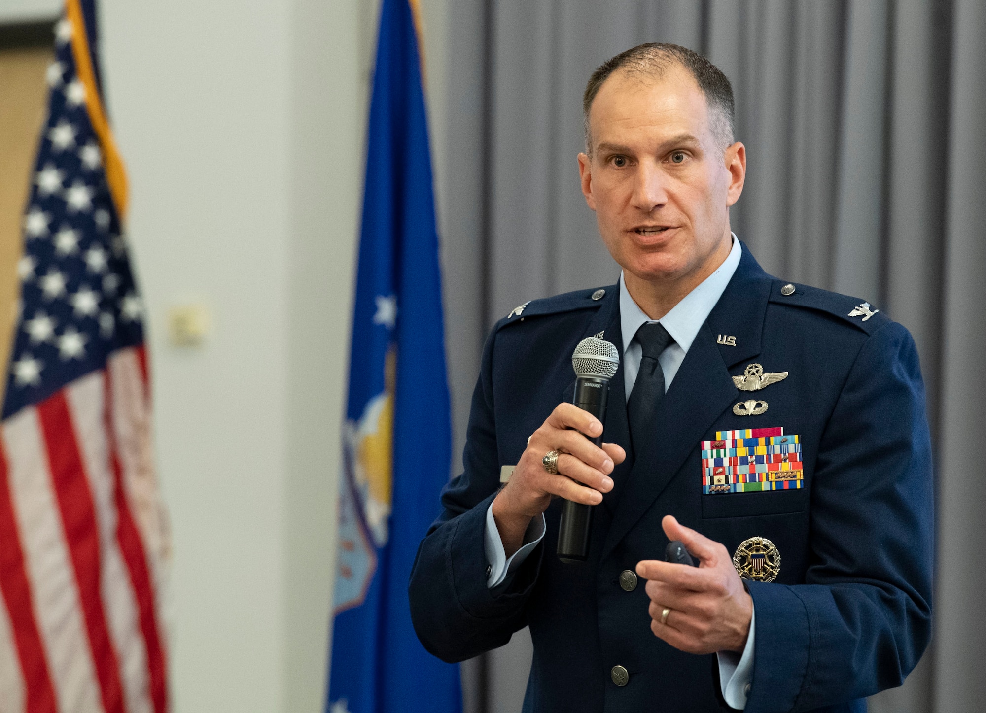 Col. Matt Husemann, 436th Airlift Wing commander, addresses attendees at the 2021 State of the Base briefing on Dover Air Force Base, Delaware, Nov. 22, 2021. The event was hosted by the Central Delaware Chamber of Commerce and provided an opportunity to educate and inform community members and leaders on how the Dover community ties into the base’s mission, vision and priorities. (U.S. Air Force photo by Roland Balik)