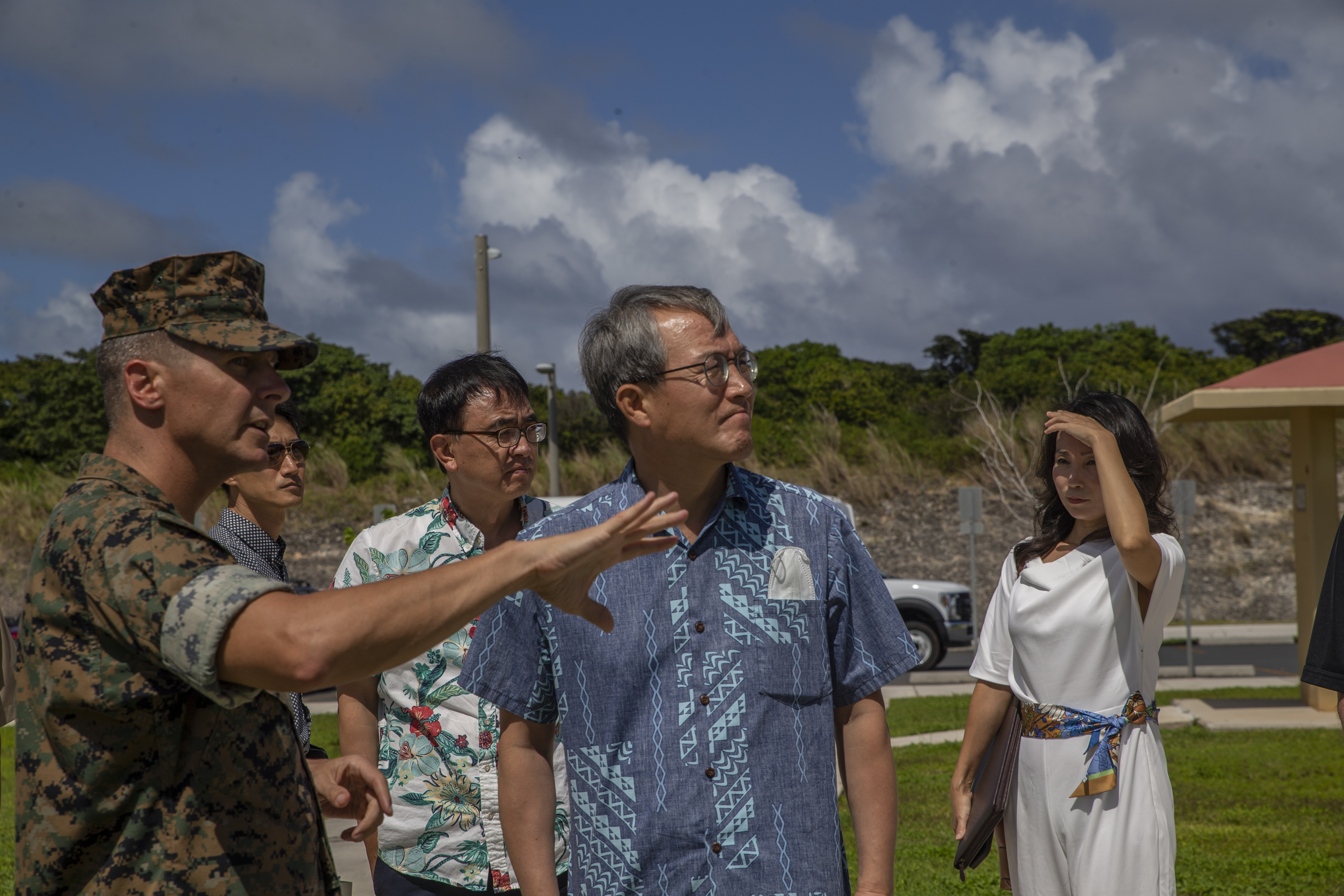 U.S. Marine Corps Col. Christopher L. Bopp, the Marine Corps Base (MCB) Camp Blaz commanding officer, briefs Consul-General Hong, Seok-in, with the Consulate General of the Republic of Korea in Honolulu, during a visit to the base, Nov. 9, 2021.