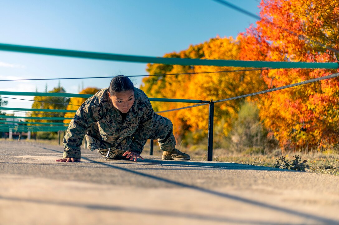 A Marine crawls under an obstacle with trees displaying fall colors in the background.