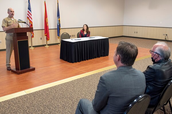 Naval Air Station Corpus Christi Commanding Officer Capt. Christopher Jason addresses the crowd at a proclamation signing ceremony, Nov. 22.