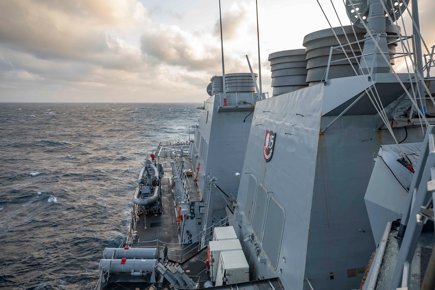 211122-N-QF023-1002 TAIWAN STRAIT - Arleigh Burke-class guided-missile destroyer USS Milius (DDG 69) conducts a routine transit through the Taiwan Strait Nov. 22, 2021. Milius, assigned to Commander, Task Force (CTF) 71/Destroyer Squadron (DESRON) 15, is forward-deployed to the U.S. 7th Fleet area of operations in support of a free and open Indo-Pacific.  (U.S. Navy photo by Mass Communication Specialist Seaman Apprentice RuKiyah Mack).