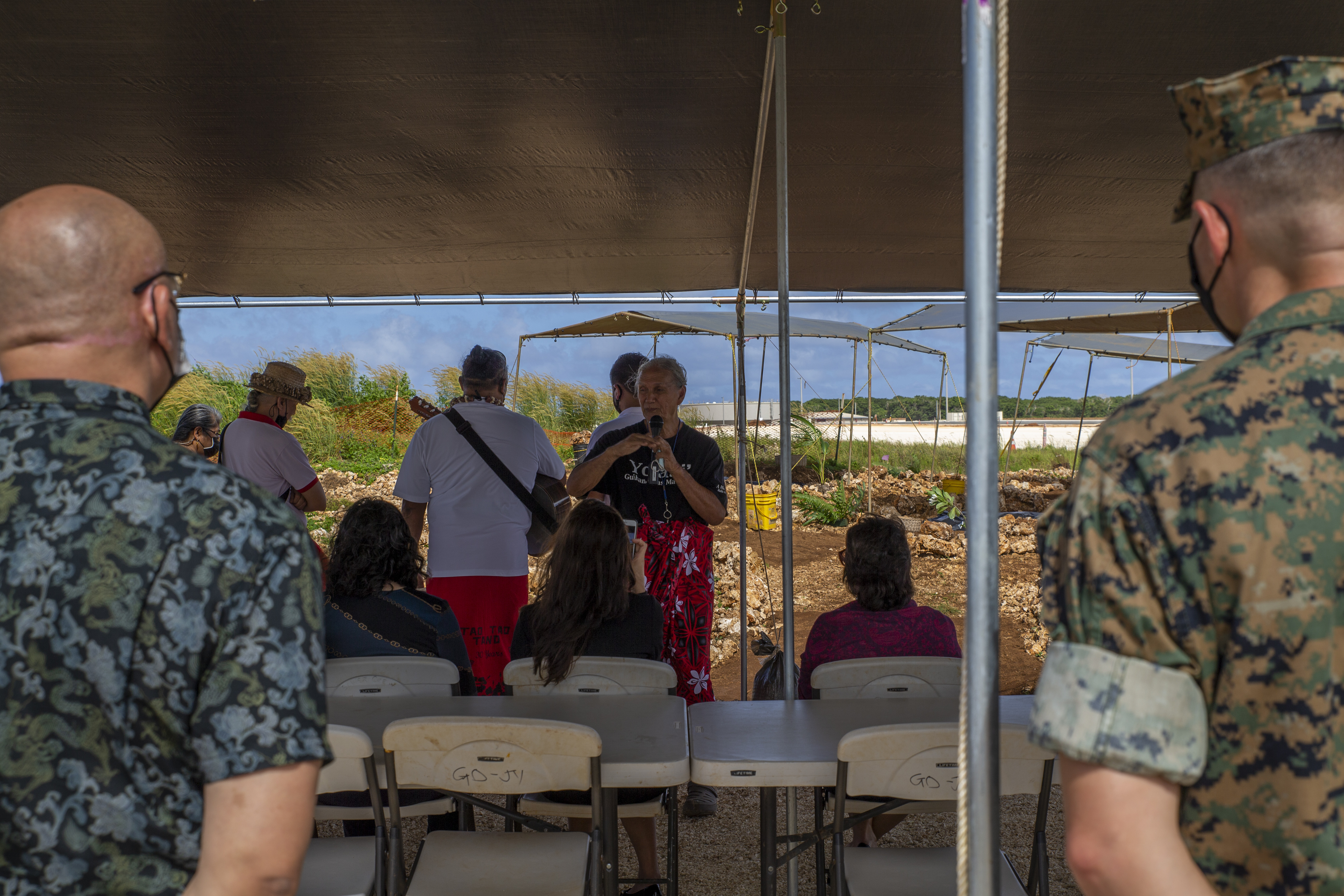 Toni ‘Malia’ Ramirez, Guam historian, gives a speech during a cultural ritual at the Sabånan Fadang burial site on Marine Corps Base Camp Blaz, Nov. 23, 2021.