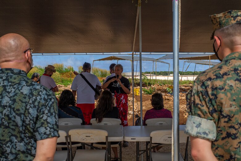 Toni ‘Malia’ Ramirez, Guam historian, gives a speech during a cultural ritual at the Sabånan Fadang burial site on Marine Corps Base Camp Blaz, Nov. 23, 2021.