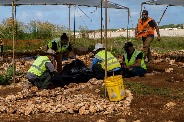 Archaeologists with Naval Facilities Engineering Systems Command Marianas uncover a burial mound during a cultural ritual at the Sabånan Fadang burial site on Marine Corps Base Camp Blaz, Nov. 23, 2021.