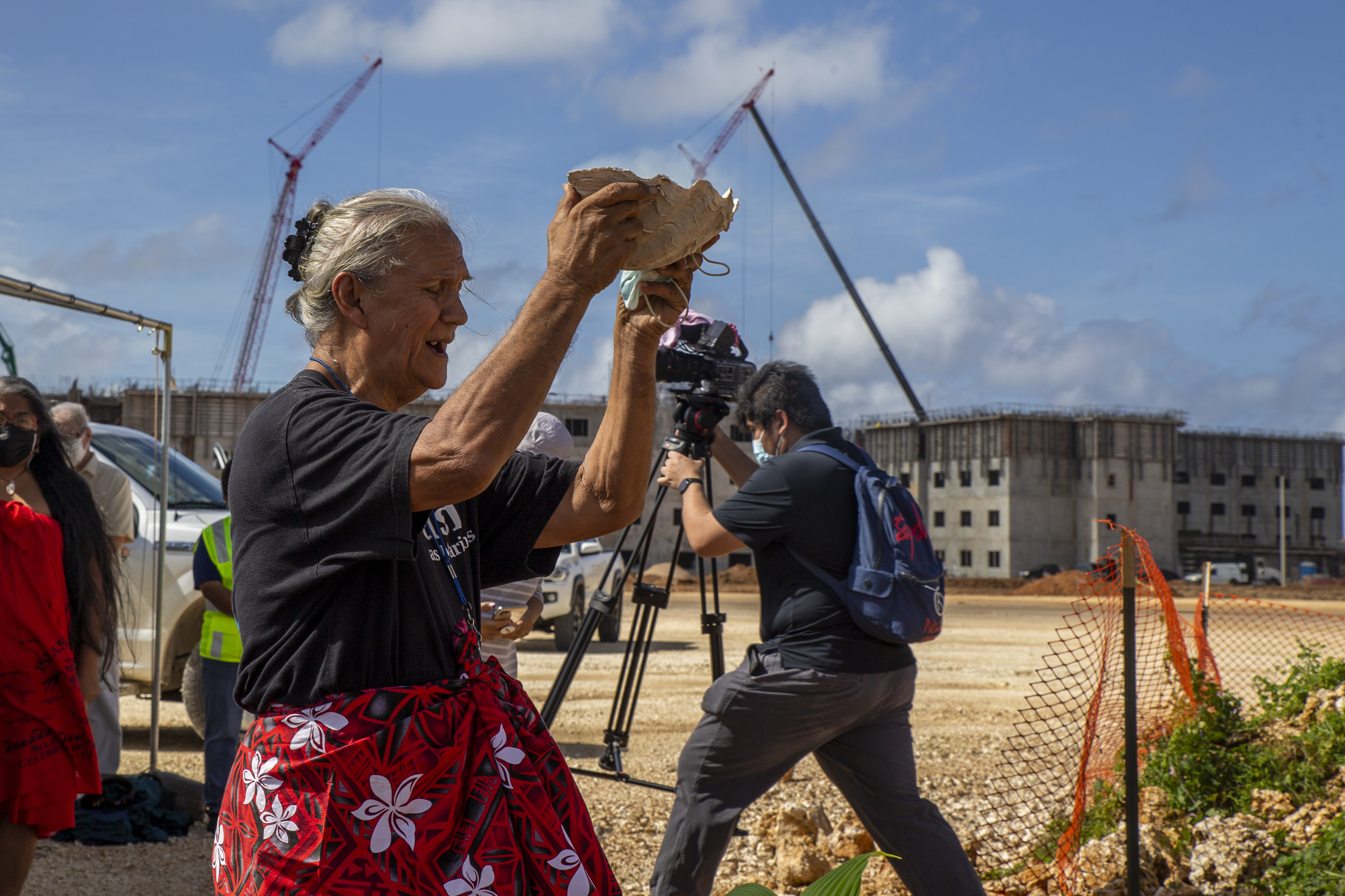 Toni ‘Malia’ Ramirez, Guam historian, performs a CHamoru dedication during a cultural ritual at the Sabånan Fadang burial site on Marine Corps Base Camp Blaz, Nov. 23, 2021.