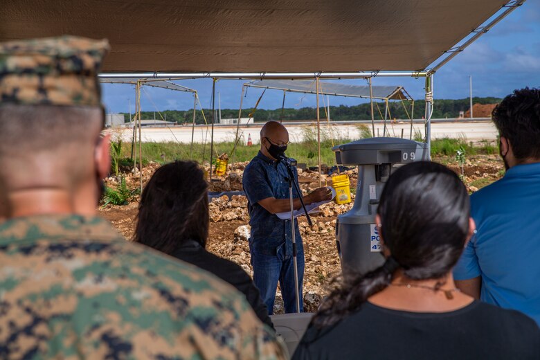 Patrick Lujan, Guam State Historic Preservation Officer, gives a speech during a cultural ritual at the Sabånan Fadang burial site on Marine Corps Base Camp Blaz, Nov. 23, 2021.