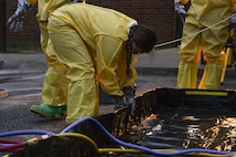 An Airman assigned to the 628th Medical Group assembles a decontamination station during a training exercise at Joint Base Charleston, S.C., Nov. 4, 2021.