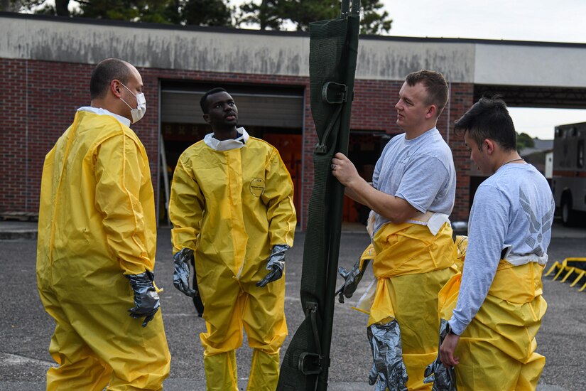 Airmen assigned to the 628th Medical Group prepare a litter during a training exercise at Joint Base Charleston, S.C., Nov. 4, 2021.